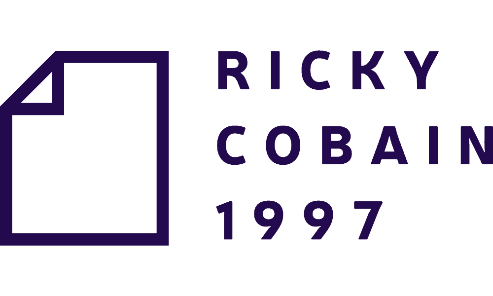 Logo of Ricky Cobain with a minimalist paper icon, representing creativity and branding.